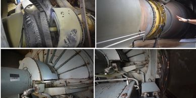 Close-up views of industrial machinery and components inside a mechanical facility.