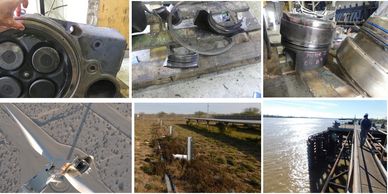 Damaged industrial parts, wind turbine blade, and a person on a riverside bridge.