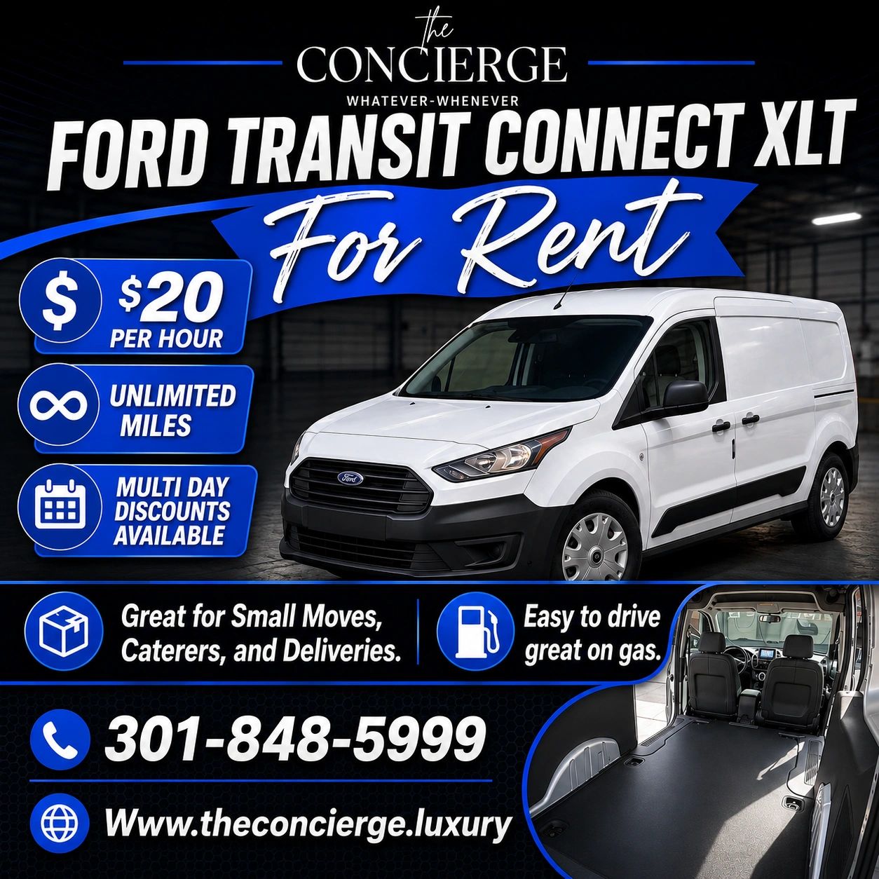 Ford Transit Connect XLT van for rent at $20/hr with unlimited miles.