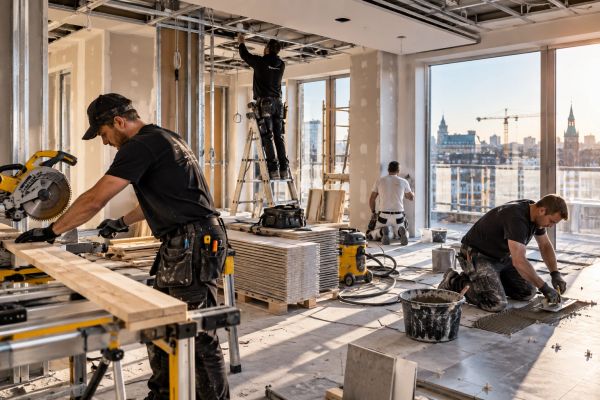 Workers renovating an apartment with city views.