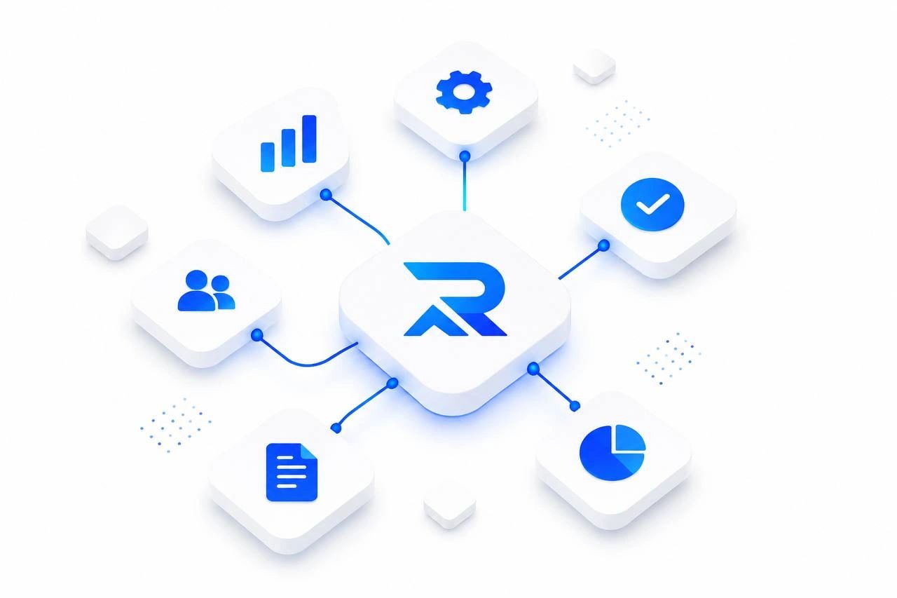 Central AR logo connected to various blue icons representing analytics, settings, users, documents, and charts.