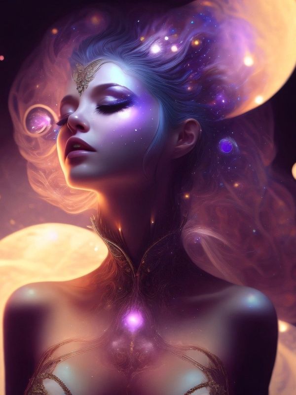 A cosmic woman with galaxy-inspired hair and glowing makeup.