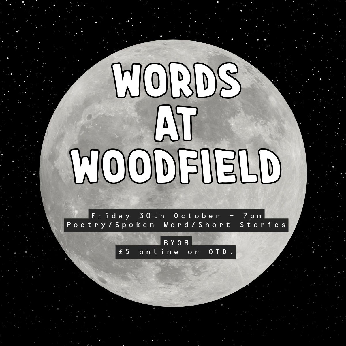 Event poster for Words at Woodfield, a poetry and spoken word night.