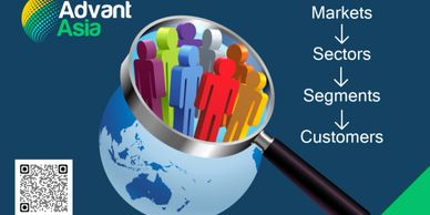 Magnifying glass focusing on diverse people over a globe, showing market segmentation hierarchy.