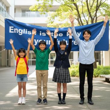 Four people of different ages raising hands in front of an English learning banner.