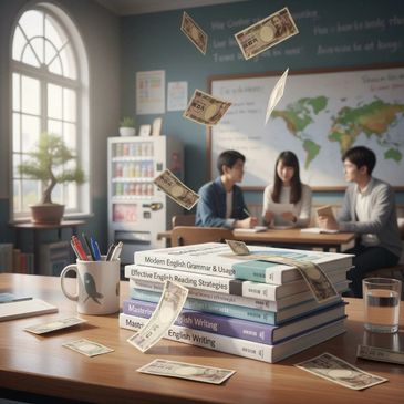 Students study English with money floating around in a classroom.