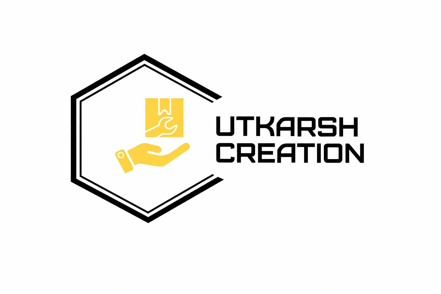 Logo with a yellow hand holding a package and text 'Utkarsh Creation'.