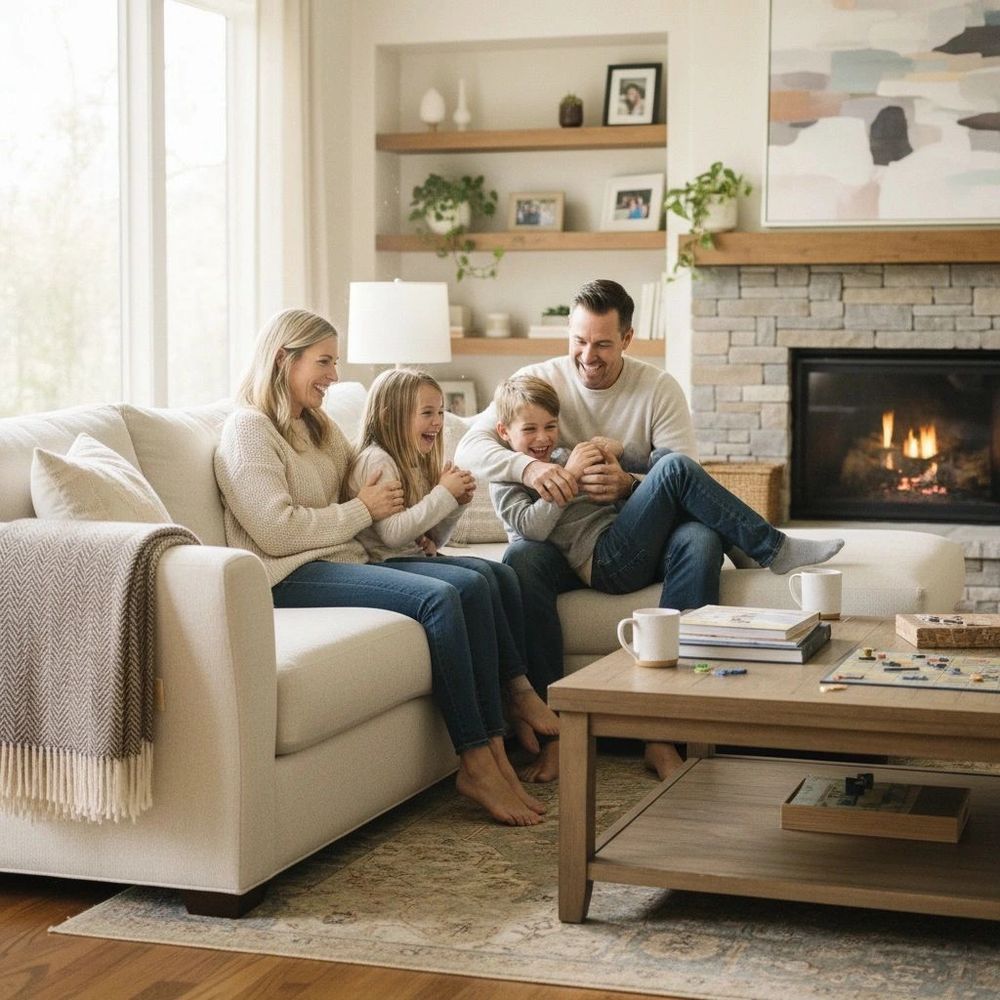 A happy family laughing together on a cozy couch by the fireplace.