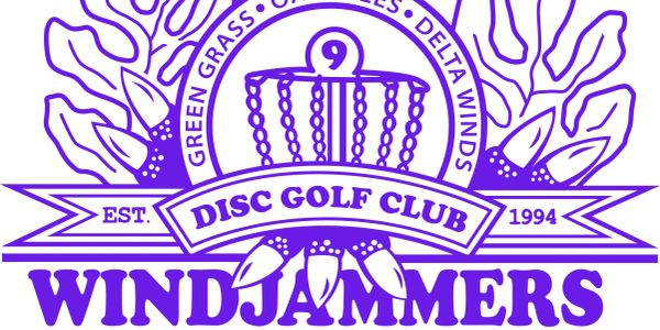 Logo for Windjammers Disc Golf Club established in 1994 with disc golf basket and leaves.