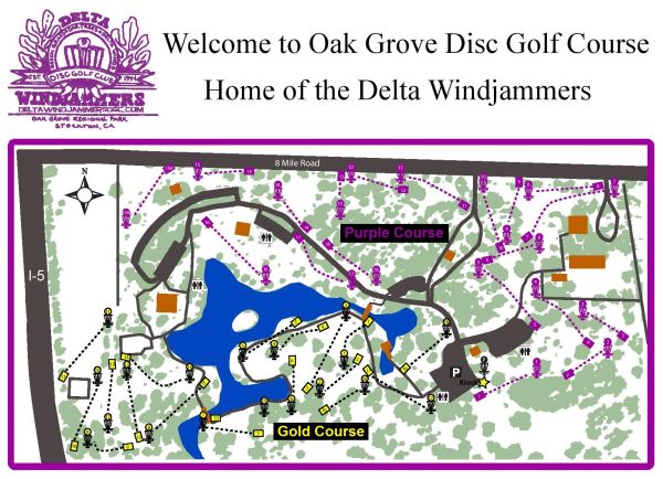 Map of Oak Grove Disc Golf Course with Purple and Gold courses.