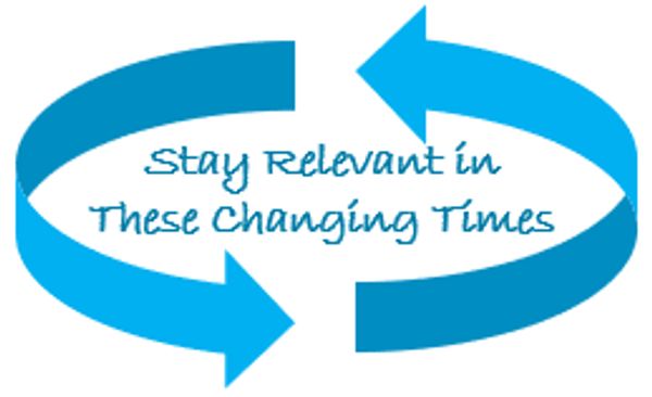 Blue arrows around text about staying relevant.