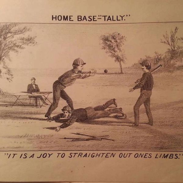 Vintage baseball scene showing a player sliding into home base while others react.