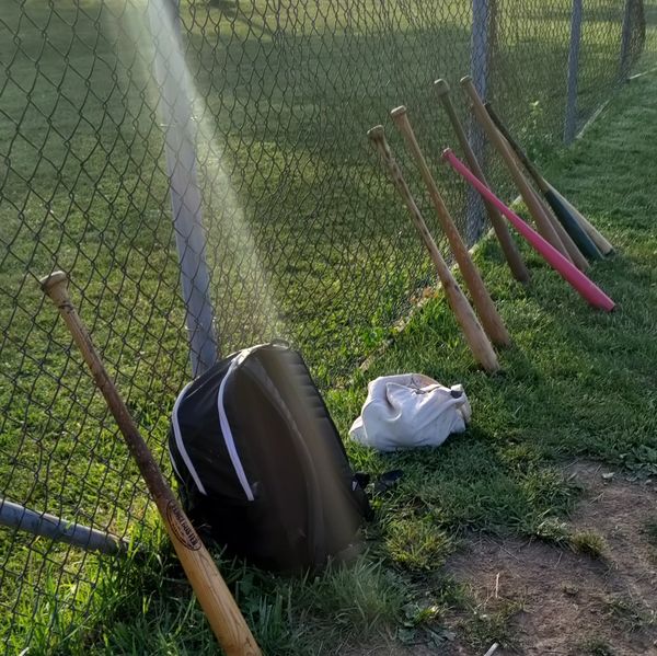 Baseball bats and a backpack lean against a chain-link fence on a sunny day.