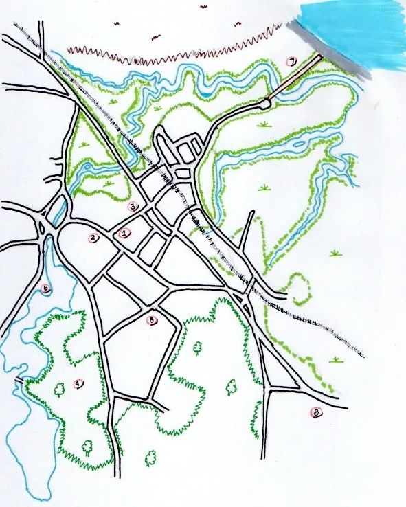 Hand-drawn map showing roads, rivers, greenery, and numbered locations.