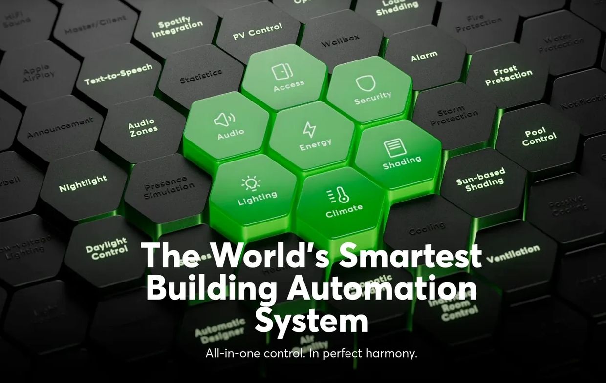Hexagonal buttons highlighting smart building control features.