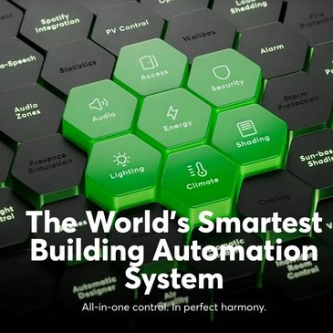 Hexagonal icons highlight smart building automation features in green.
