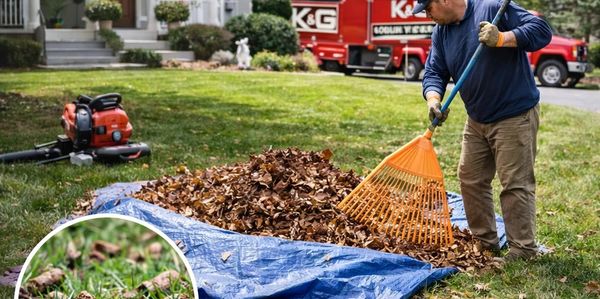 Man raking leaves for spring yard cleanup by K&G Lawn Care.