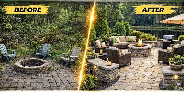 Before and after images of a lawn care patio transformation with stylish seating and fire pit.