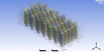 3D simulation model of cylindrical objects arranged in a grid.