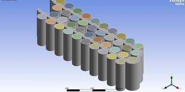 3D simulation of cylindrical objects arranged in a grid pattern.