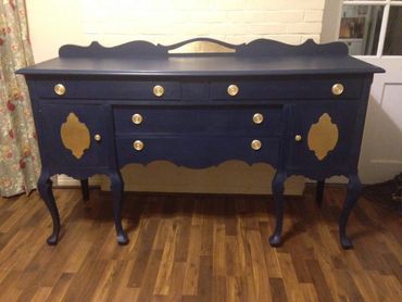 Amy Howard One Step paint in Lady Singing the Blues with gold leaf gilded accents and hardware.