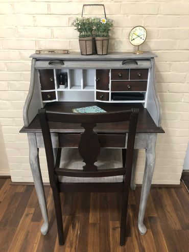 Gel stained top and drawer fronts and chair with paint/glaze finish.