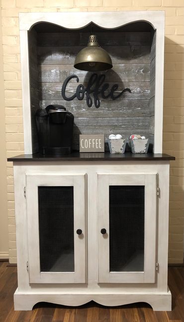 Oak cabinet turned coffee bar. Bauhaus Buff with light and colored waxes.