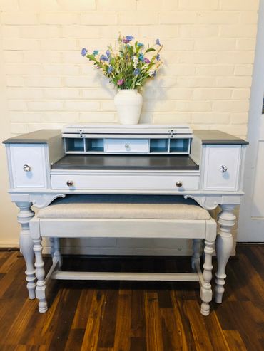 Antique Spinet desk. Gel stained top with Amy Howard Metropolitan grey and Bauhaus Buff.
