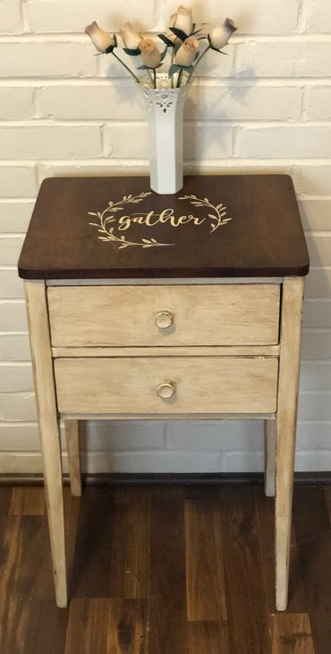 Vintage sewing stand with gel stained and mesh stencil top and paint/glazed bottom.