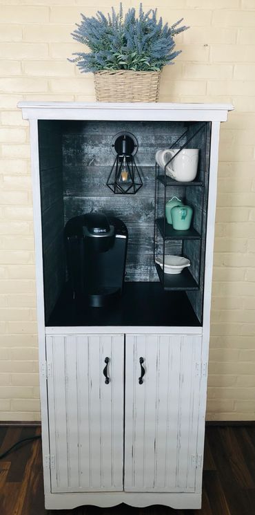 Cabinet upcycled into coffee bar. Bauhaus Buff one step paint with light distressing.