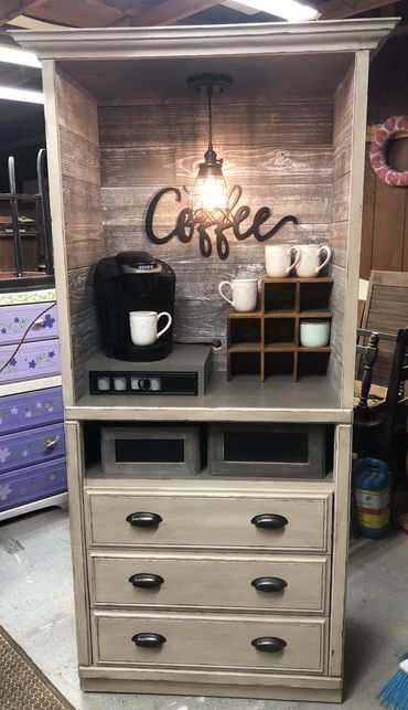 Upcycled wardrobe into coffee bar. Paint/glaze finish.