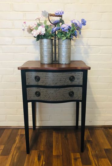 Vintage 2-drawer stand with gel stained top, painted bottom and French script transfers on drawers.