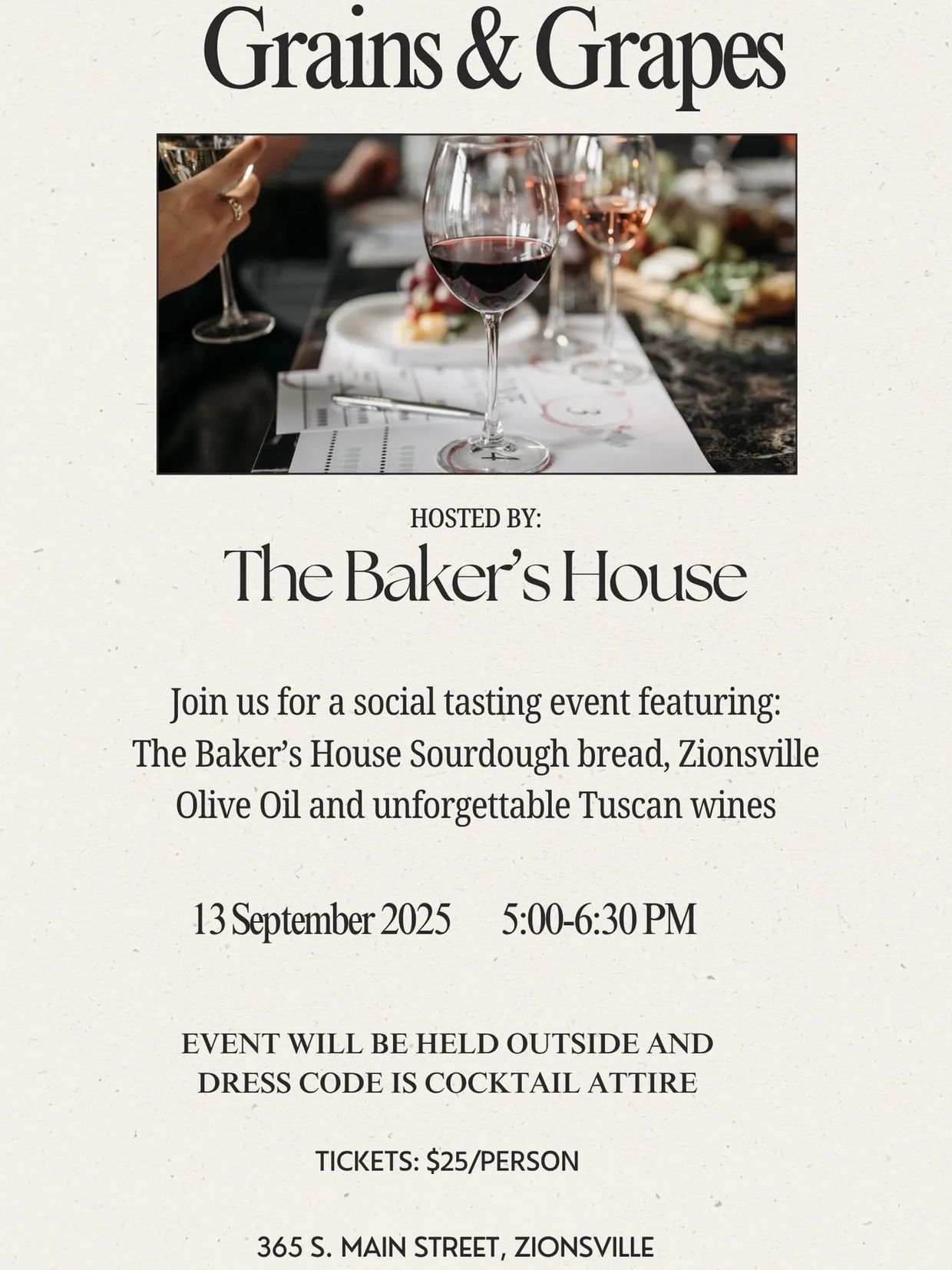 Invitation to a wine and bread tasting event hosted by The Baker's House in Zionsville.