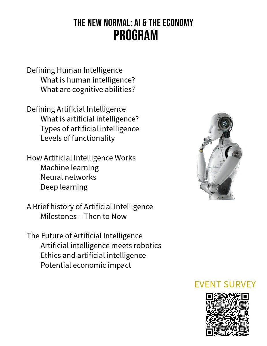 Program outline on AI and economy with a robot image and event survey QR code.
