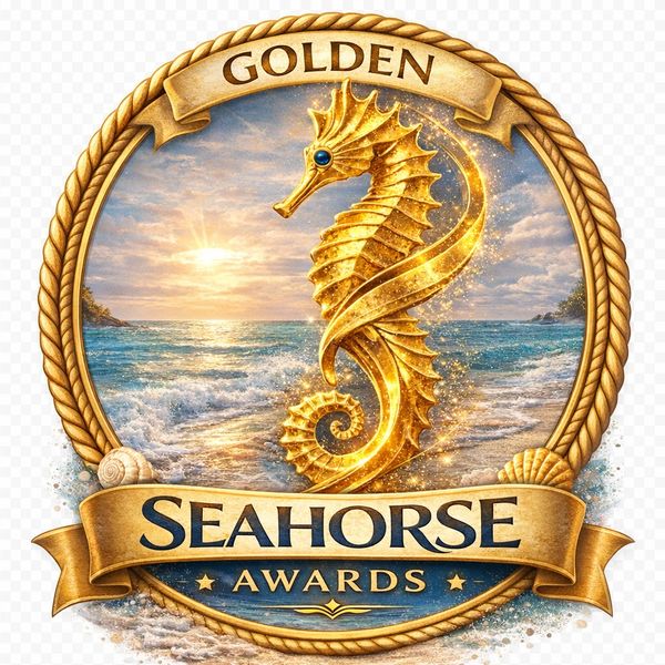 Golden Seahorse Awards emblem with a shining golden seahorse and ocean backdrop.