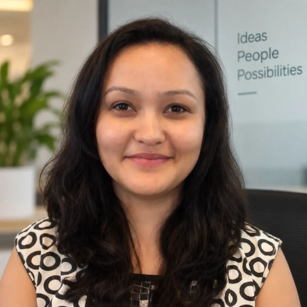 Smiling woman with wavy hair in an office setting.