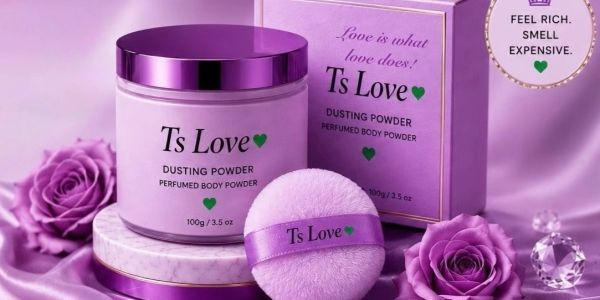 Ts Love perfumed dusting powder with purple packaging and rose.