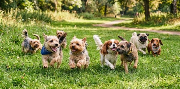 A group of dogs running happily on a grassy path.
