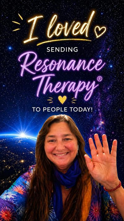 A woman joyfully waves with a cosmic background and text about sending resonance therapy.