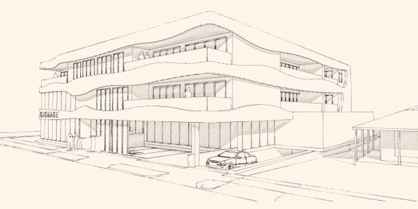 Architectural sketch of a modern building with flowing balcony designs and large windows.