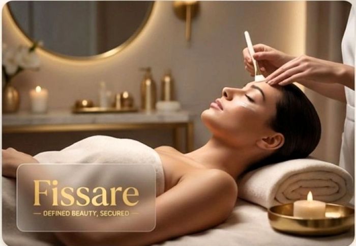 Relaxed woman receiving a luxury facial skincare treatment in a warm, candlelit spa setting.