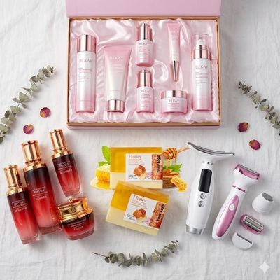 Beauty and skincare products including creams, serums, soaps, and grooming tools arranged on a white cloth.