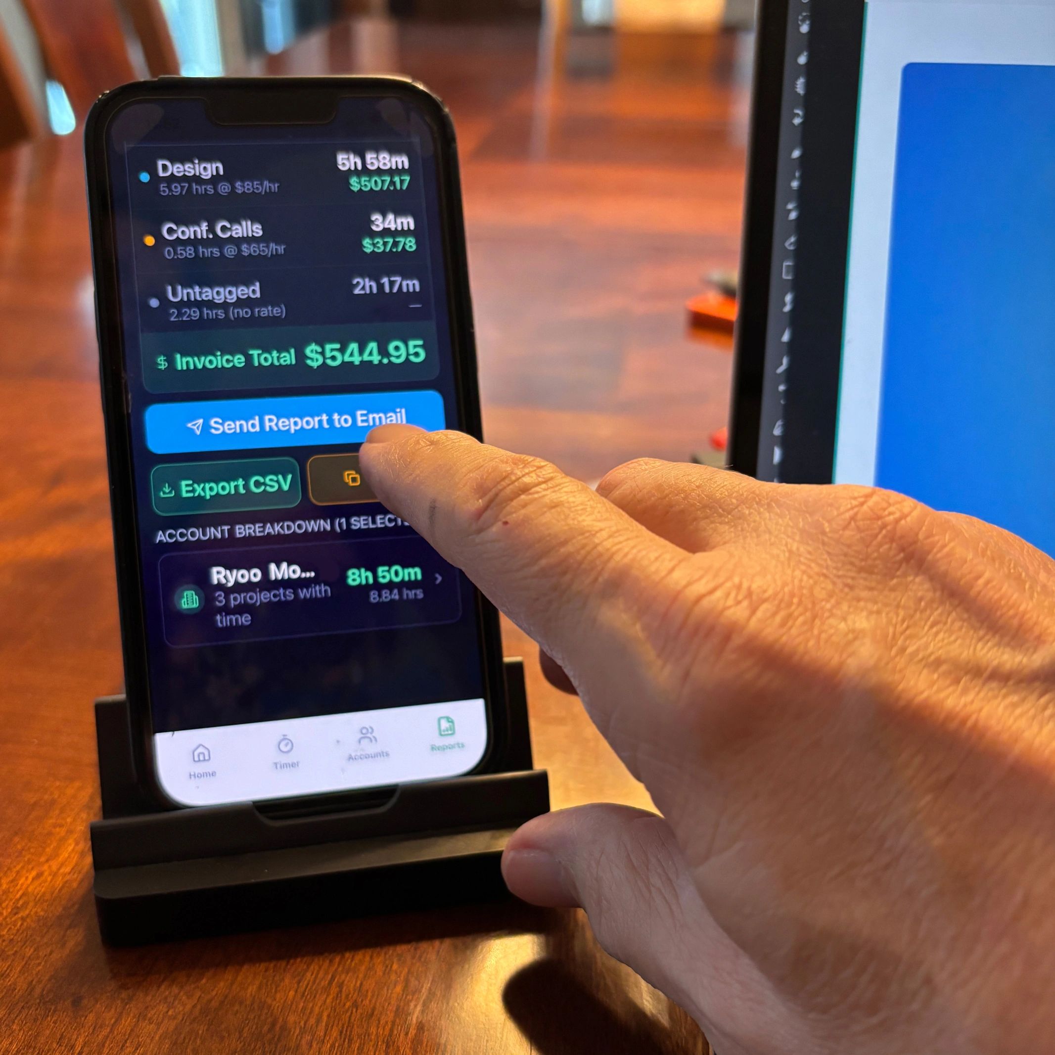 Demonstrating how easy it is to stop and start time tracking with VoiceSheets.