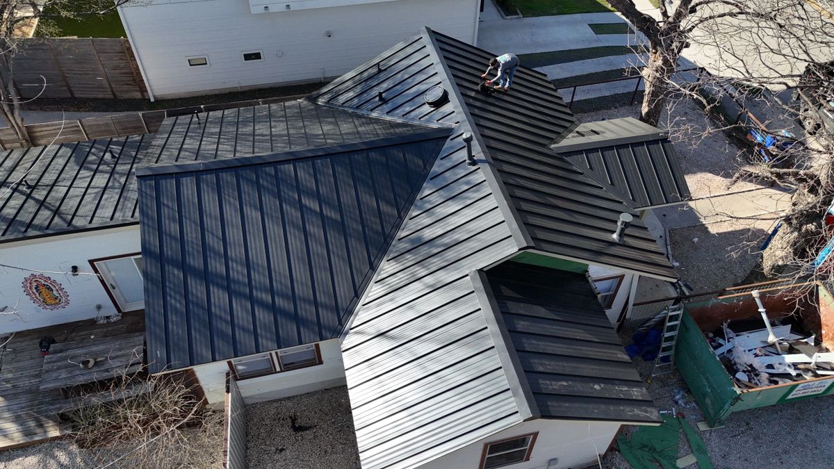 Aerial view of completed roofing project on Elmwood Street