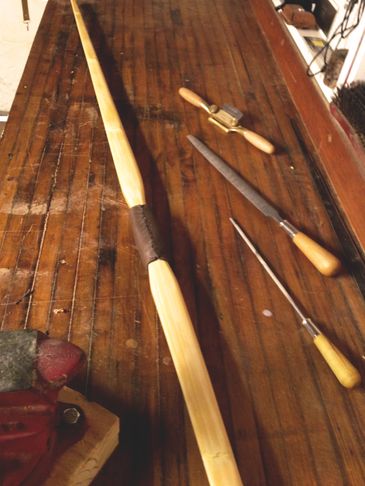 Primitive longbow and bow building tools. Primitive archery.
