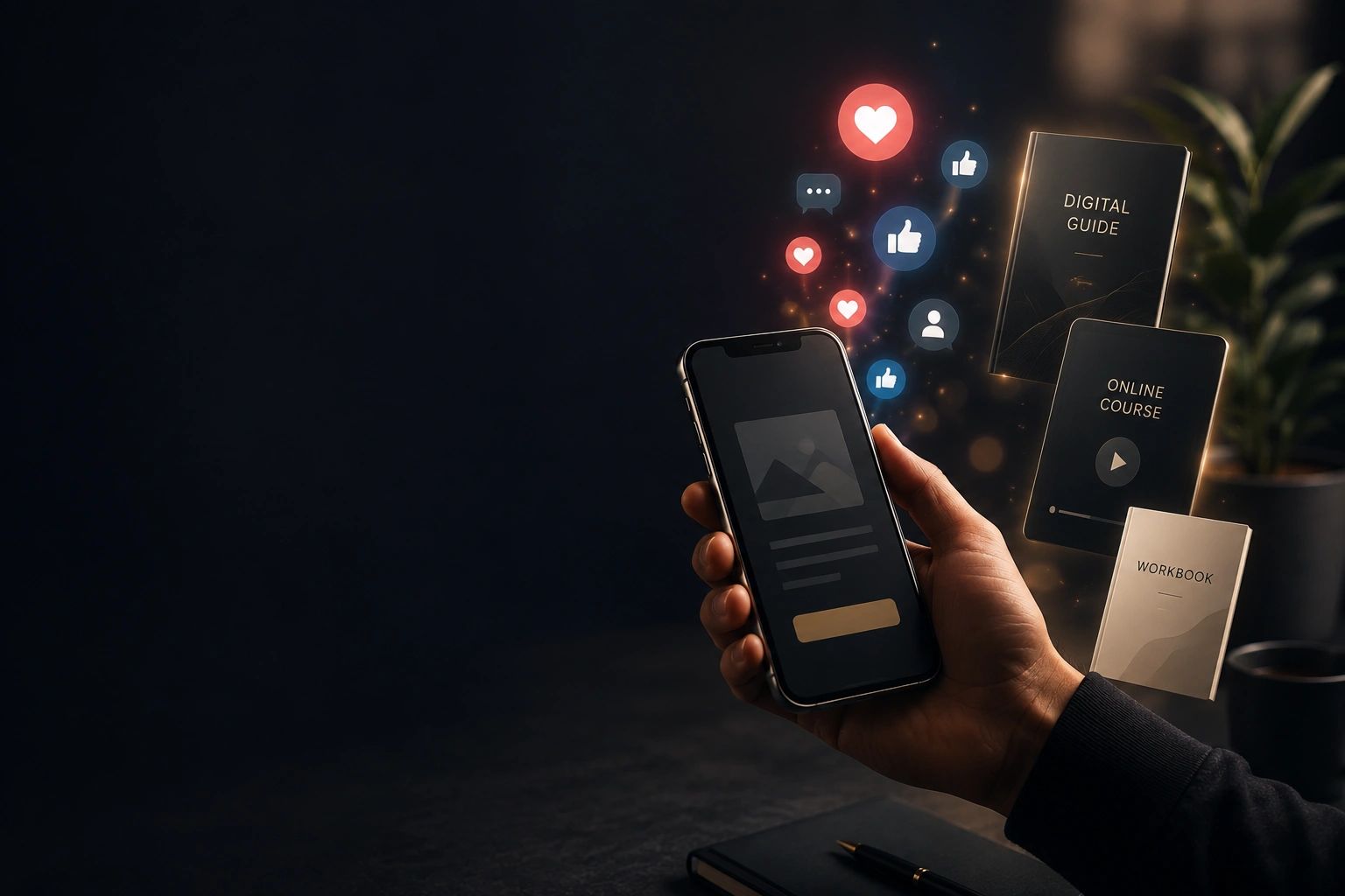 Social engagement becoming digital products, representing creator monetisation and product creation.