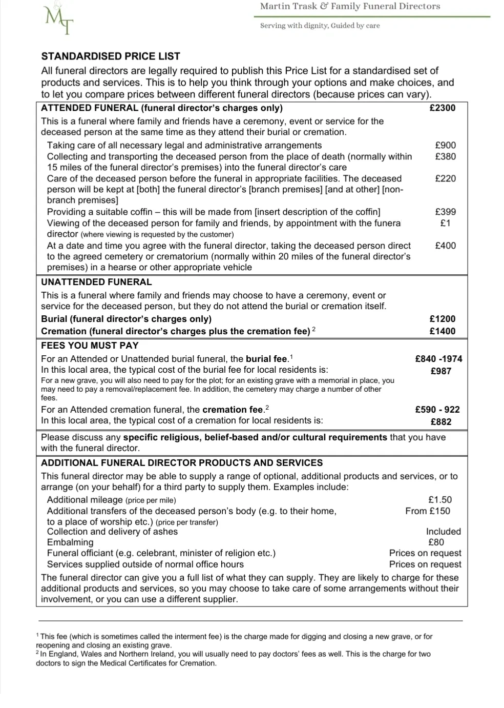 Standardised funeral price list detailing costs for attended and unattended funerals, burial, cremation, and additional services.