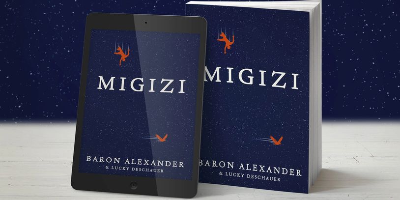 Book and tablet display of "Migizi" by Baron Alexander and Lucky Deschauer.