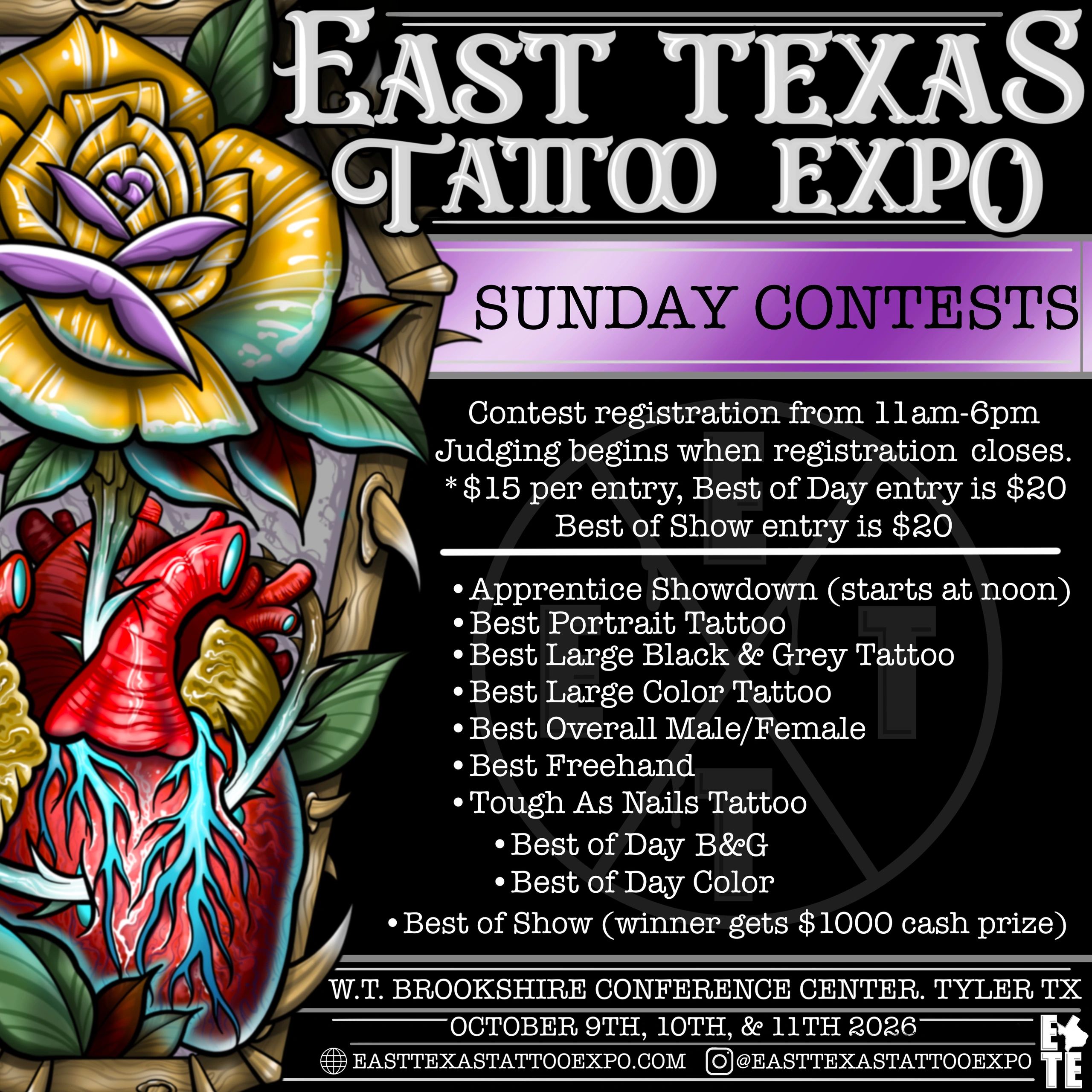 East Texas Tattoo Expo with Sunday tattoo contests and cash prizes.