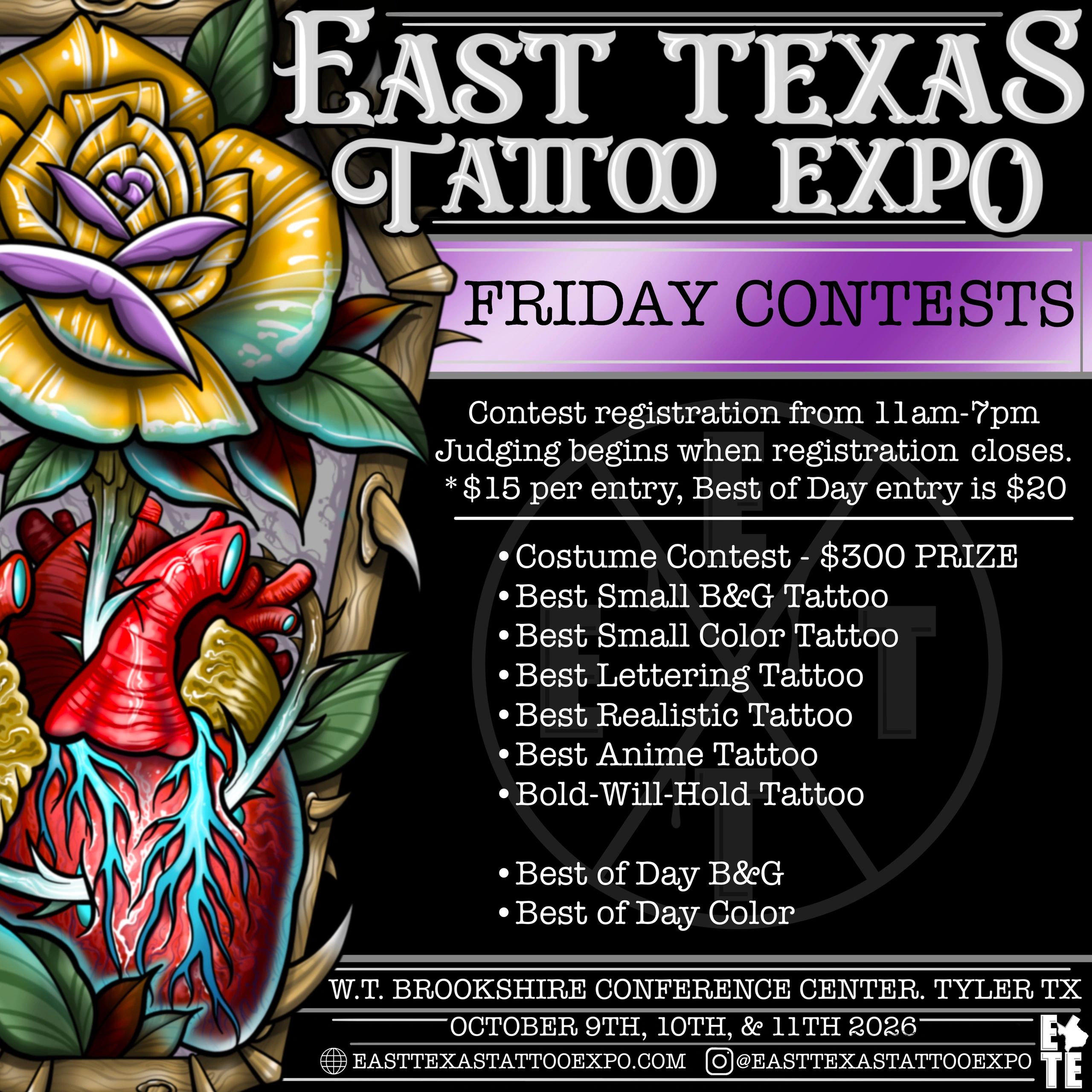 East Texas Tattoo Expo Friday contests with various tattoo categories and prizes.